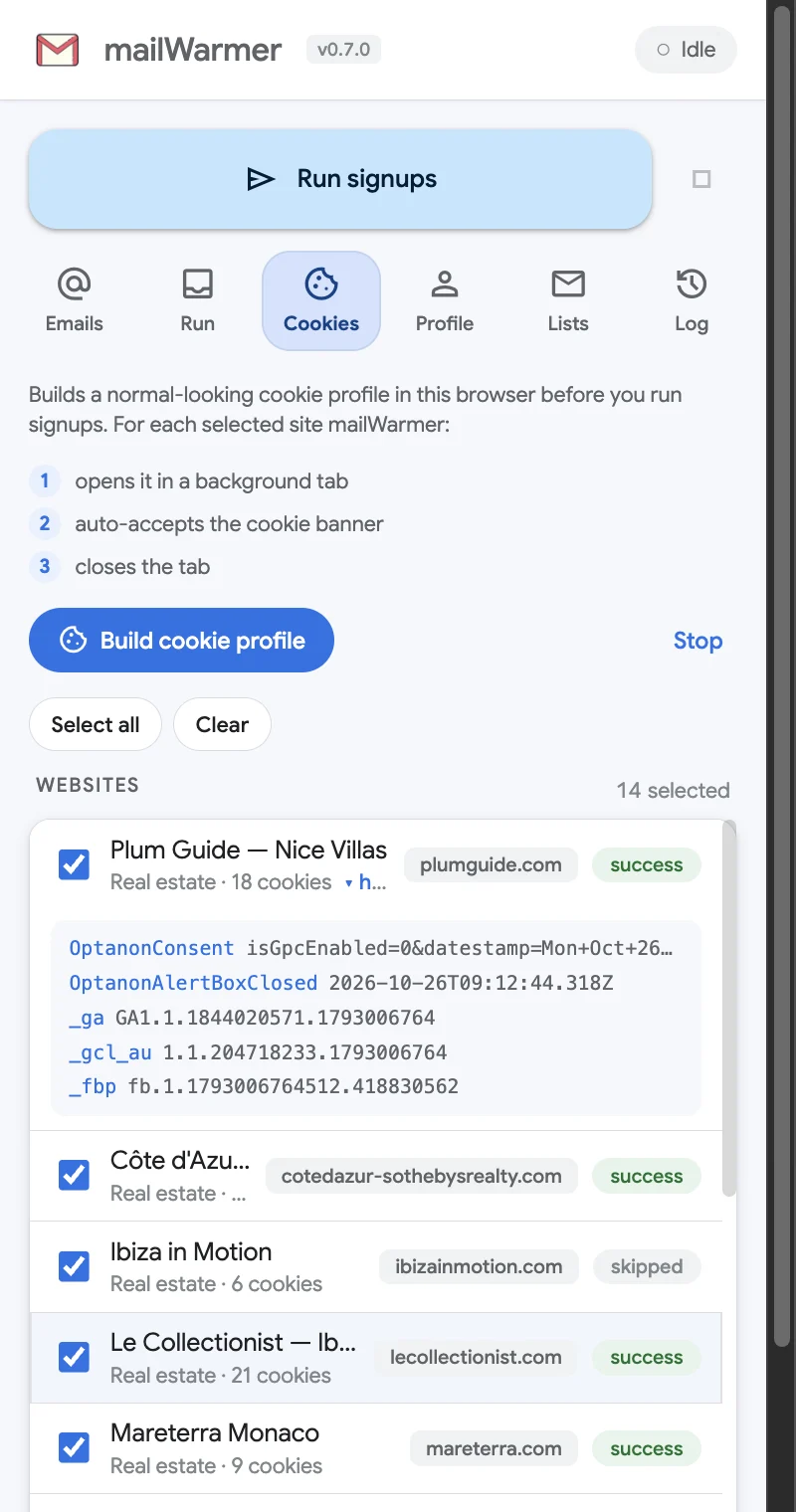 The Cookies tab with the site list, statuses and one site's cookies expanded