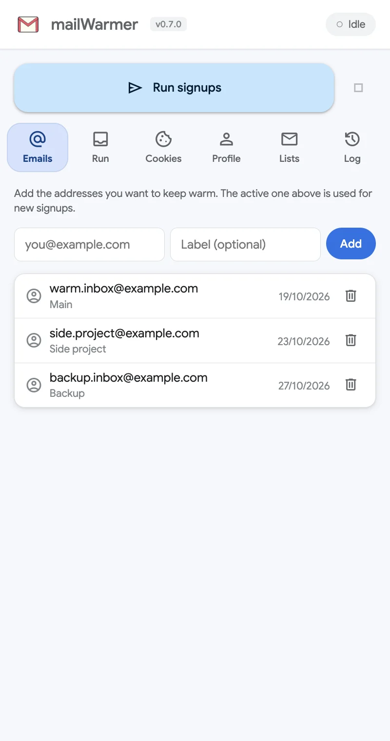 The Emails tab: the add form and a list of three addresses