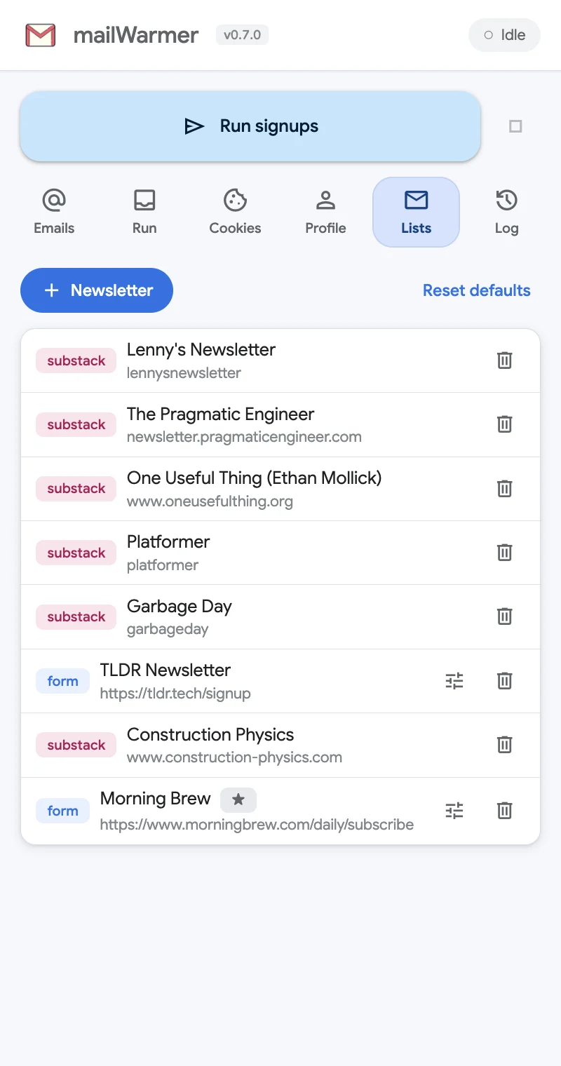 The Lists tab: substack and form newsletters, with the add and reset buttons