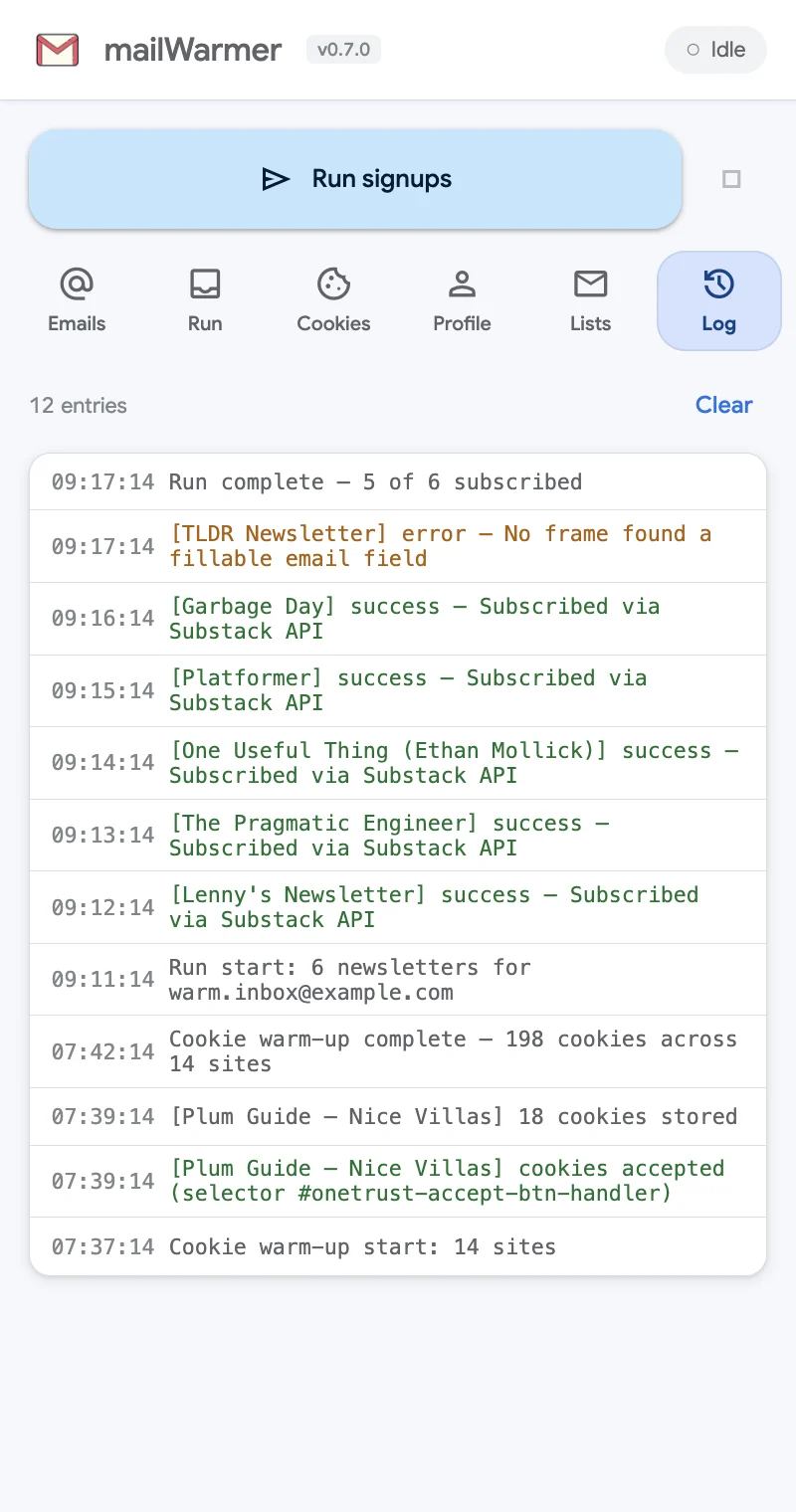 The Log tab: a run start, successful signups, one error and the run summary