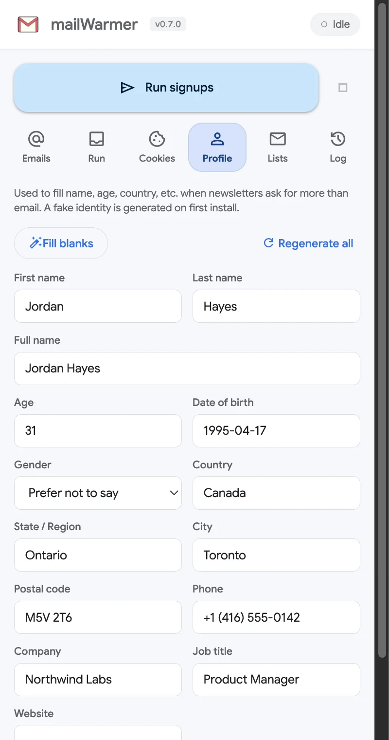 The Profile tab with name, age, country and other fields filled in
