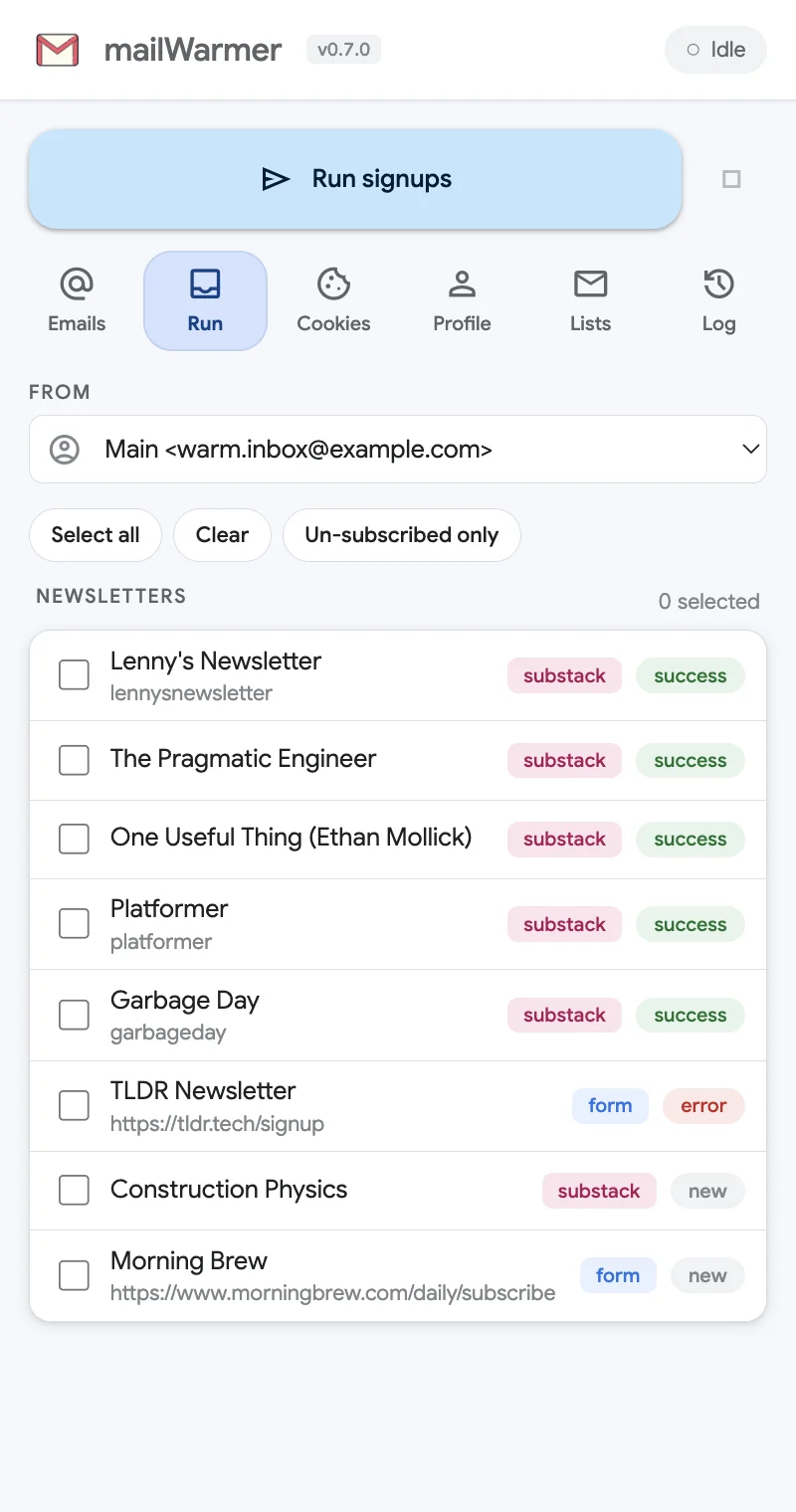 The Run tab: From selector, quick-select buttons and the newsletter list with statuses