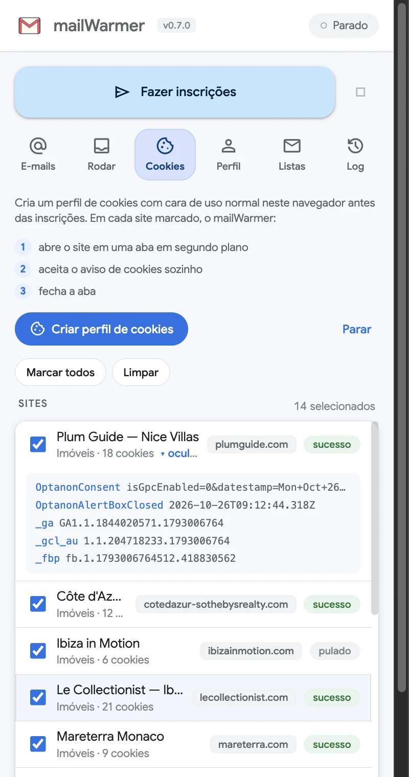 A aba Cookies com a lista de sites, os status e os cookies de um site abertos