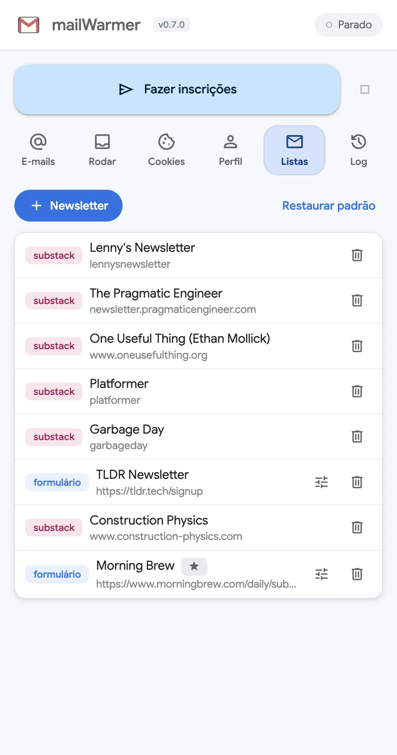 A aba Listas: newsletters do Substack e de formulário, com os botões de adicionar e restaurar