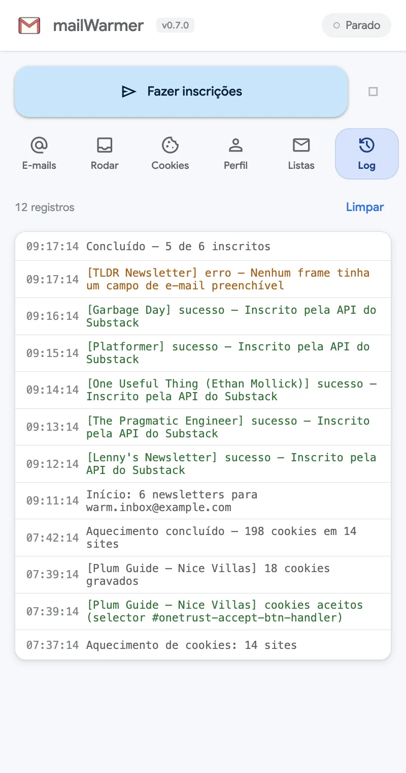 A aba Log: início de execução, inscrições com sucesso, um erro e o resumo