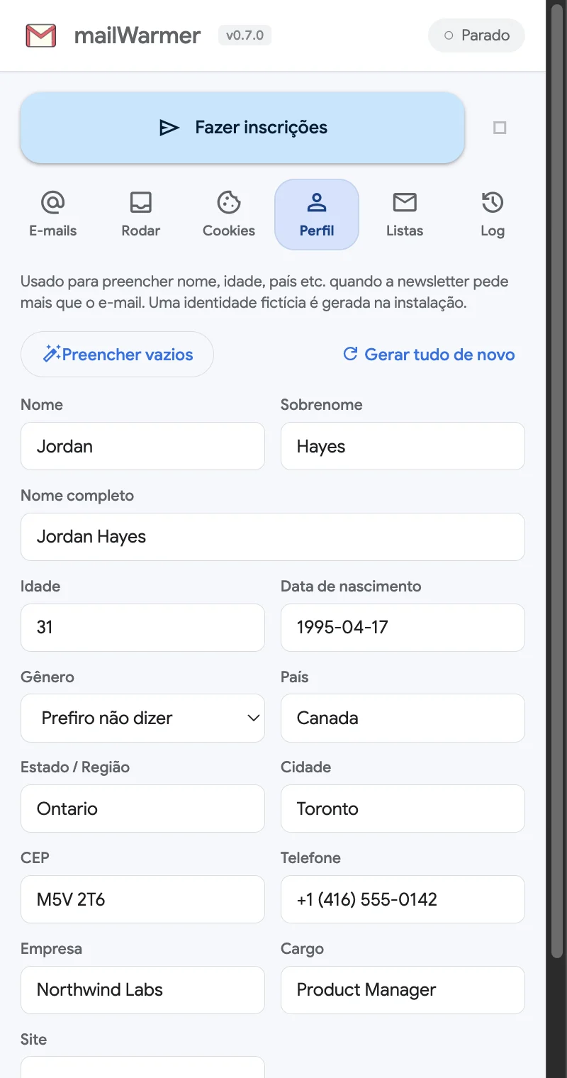 A aba Perfil com nome, idade, país e outros campos preenchidos