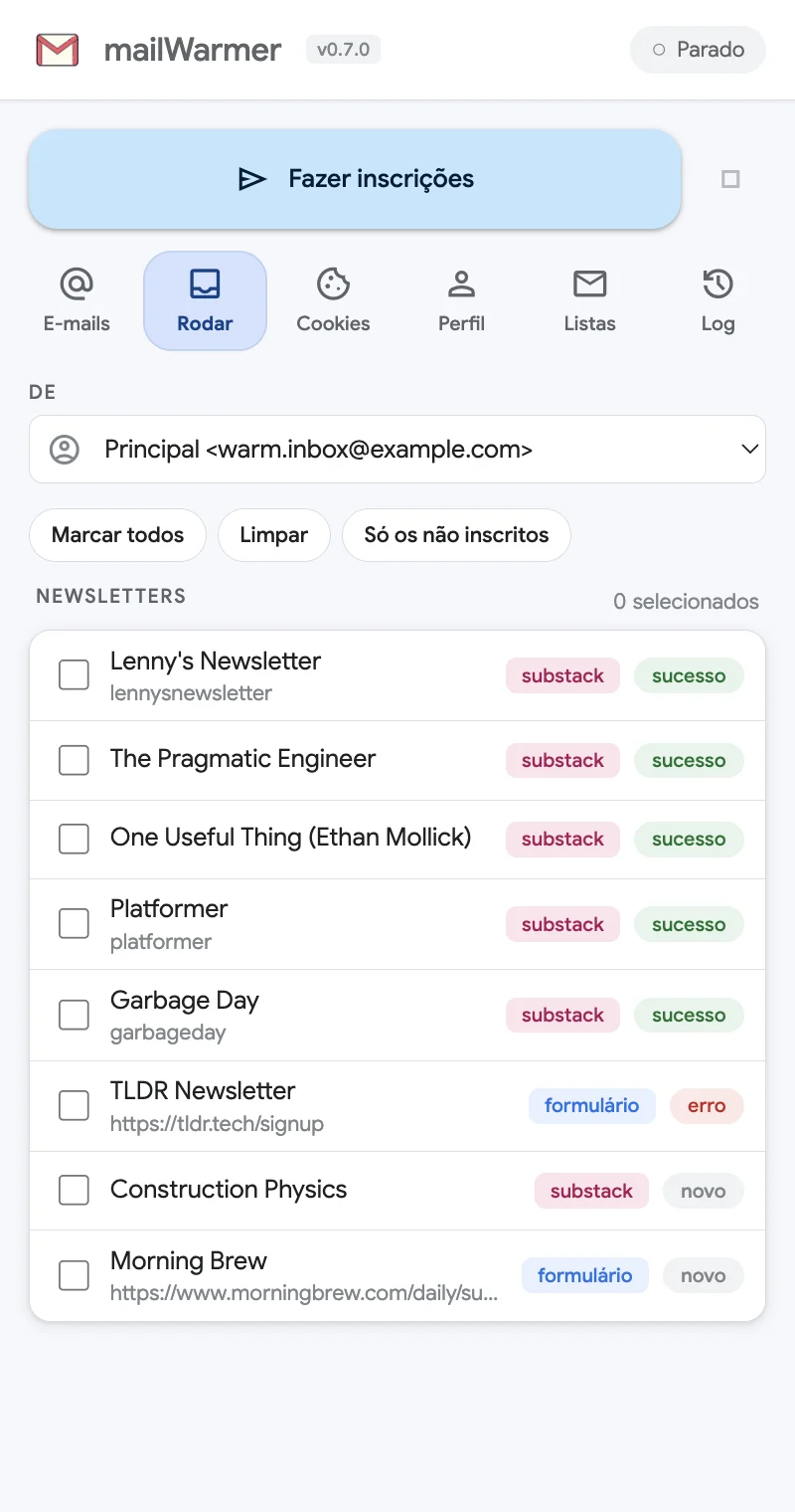 A aba Rodar com as newsletters, os status e o seletor De